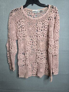 Effeci Womens Sweater Medium Pink  Open Crochet Size Med Ramie Cotton Long Sleev